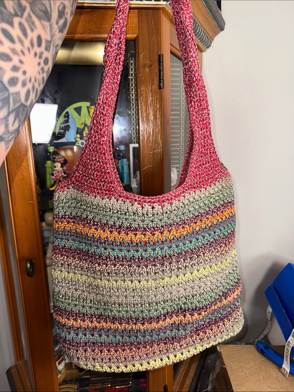 The Sak Multicolor Crochet Shoulder Bag with Pink Strap